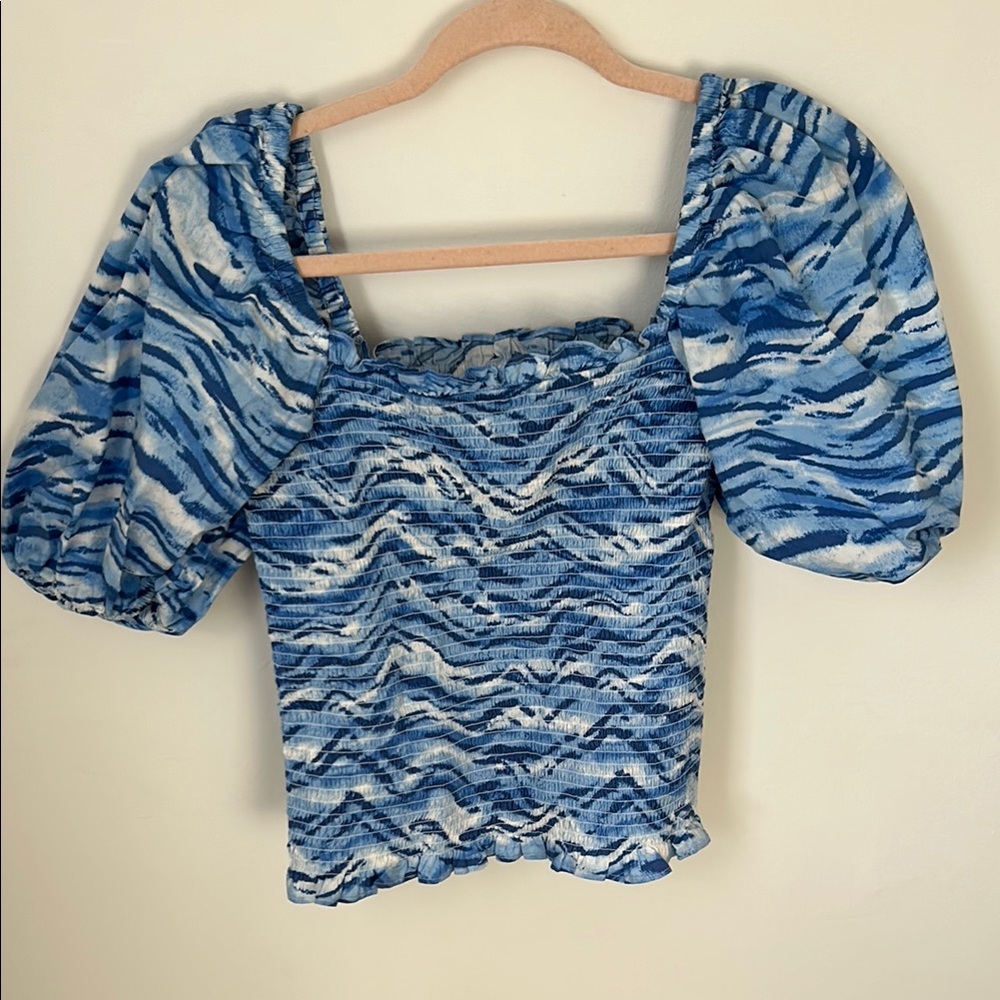 INC Blue and White Statement Sleeve Smocked Square Neck Blouse M